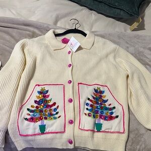 Queen of sparkle Cream Cardigan with Colorful Tree Design